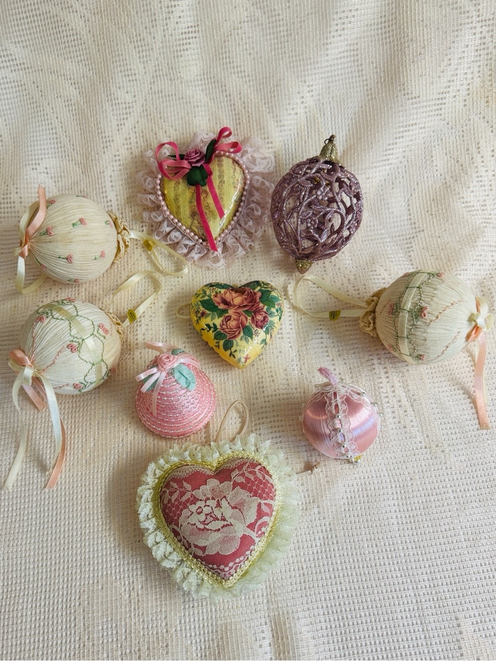 Vintage Victorian Style Shabby Chic Handmade Ornaments.Pink + Cream.Set of 9